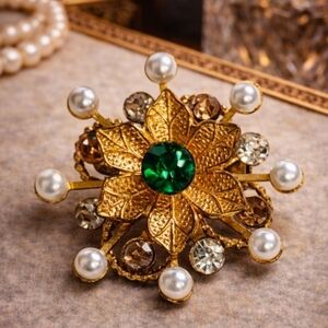 Vintage Gold Tone Floral Brooch Emerald Green Center Faux Pearl Rhinestone